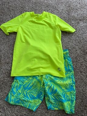 Children’s Place Neon Yellow Boys' Rash Guard & Palm Print Swim Shorts Set